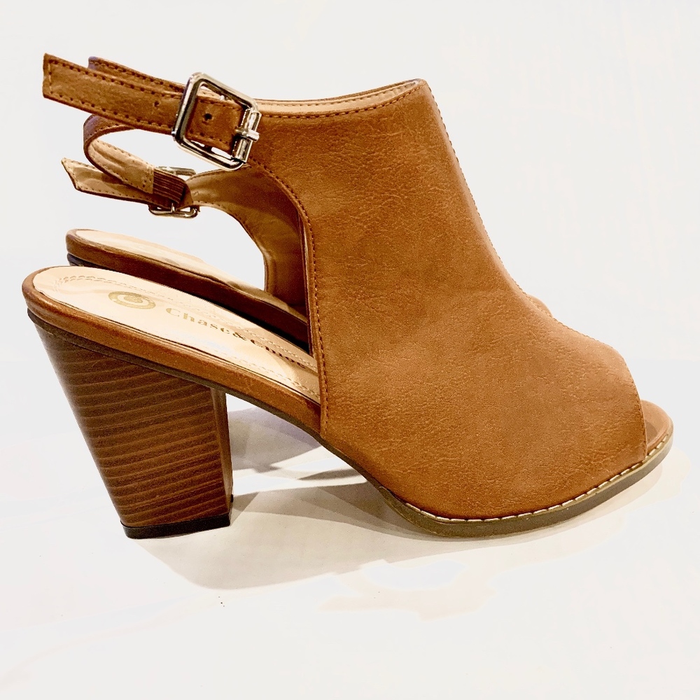 Tan Peep-Toe Booty - 3.5 Heel and Buckle Closure